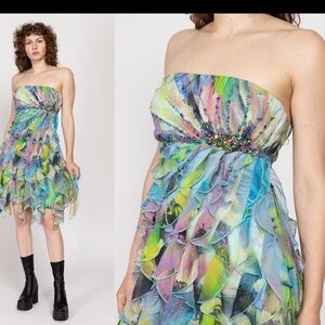 Cache Vintage Y2K Strapless Ruffle Chiffon Beaded Mini Dress | Size 8 | Colorful